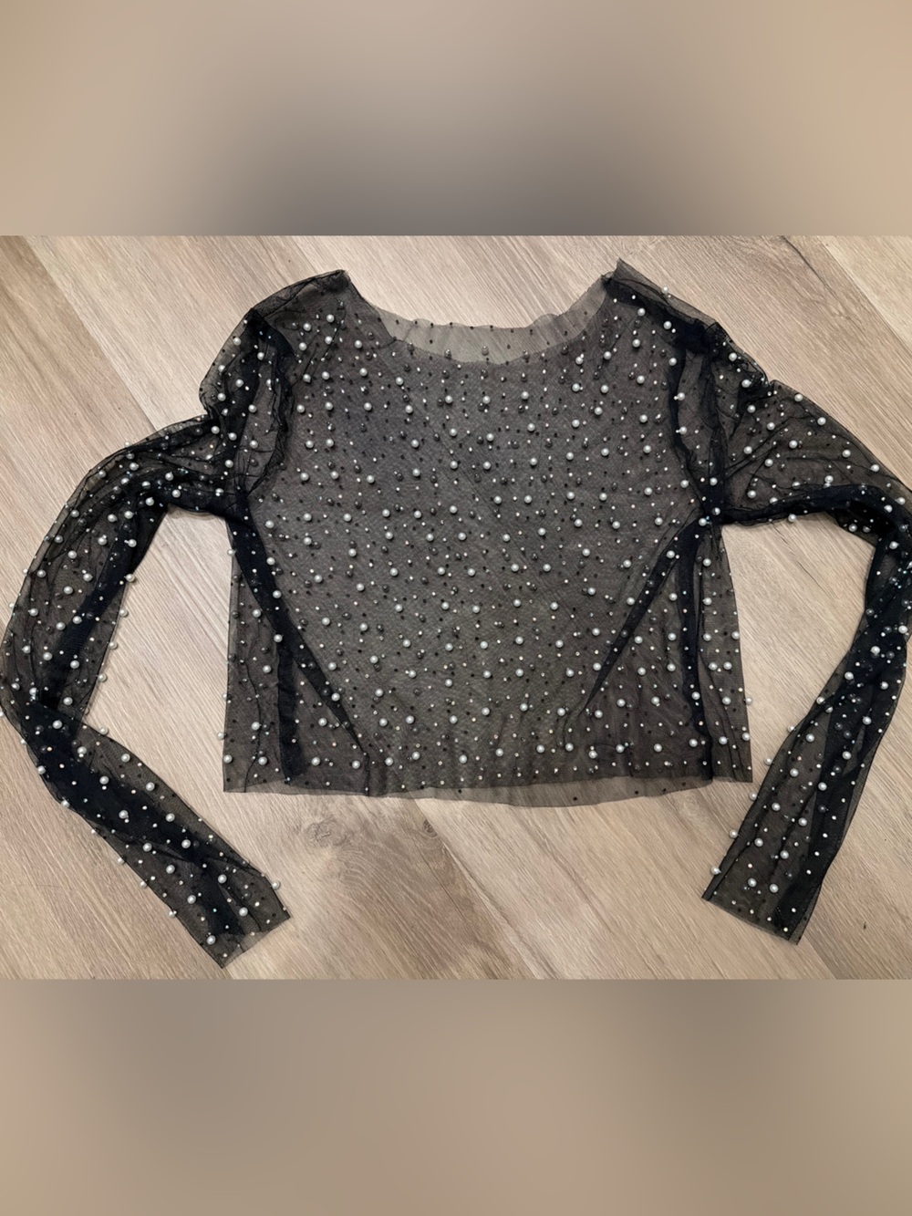 Black Sheer Mesh Pearl Beaded Long Sleeve Top Blouse Sm / Med